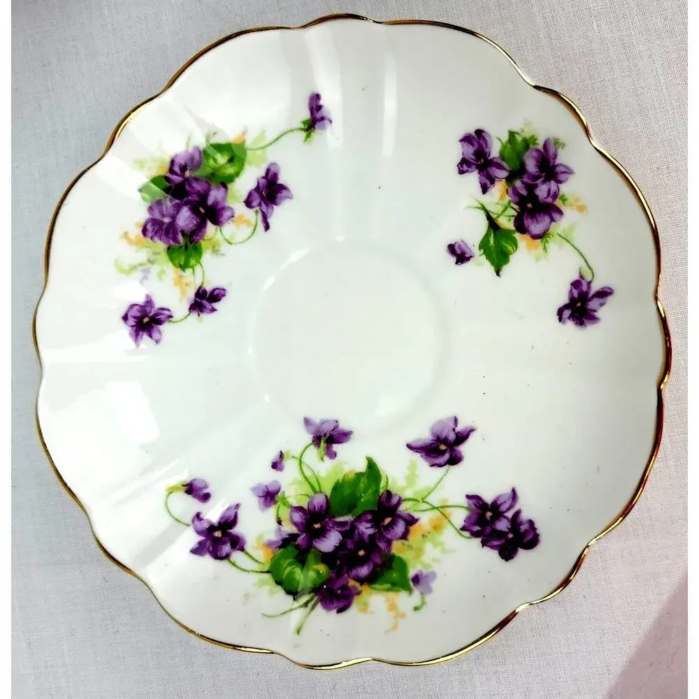 VNTG Victorian C and E Bone China Fluted Teacup Saucer Purple Violets No Flaws